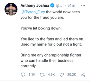 "You are a fraud, You lied to the fans and led them on" - Anthony Joshua blasts Tyson Fury on Social Media as their Clash is about to Crumble